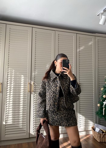 l Beden Kahverengi Leopar Desenli Kadın Midi ceket