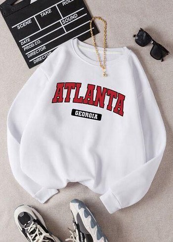 Zincir Detaylı Atlanta Baskılı Beyaz Sweatshirt