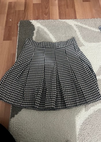 m Beden Gri Ekose Pilili Midi Etek