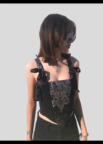 Gotik Desenli Askılı Büstiyer( Laciverti)
