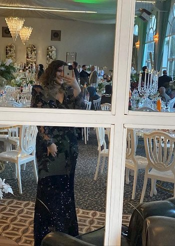 Lacivert Uzun Kollu Simli Abiye Elbise - Görsel 5