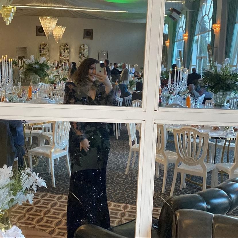 Lacivert Uzun Kollu Simli Abiye Elbise - Görsel 5