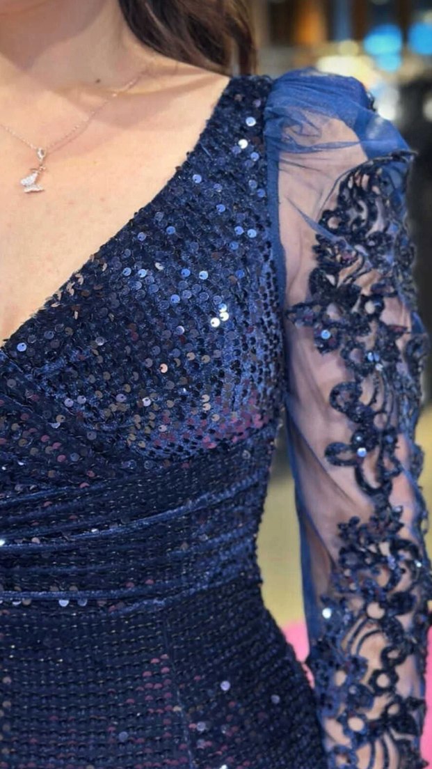 Lacivert Uzun Kollu Simli Abiye Elbise - Görsel 2