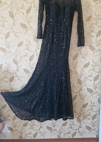 siyah pullu Uzun Kollu Drapeli Abiye Elbise - Görsel 6