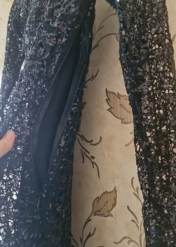 siyah pullu Uzun Kollu Drapeli Abiye Elbise - Görsel 5