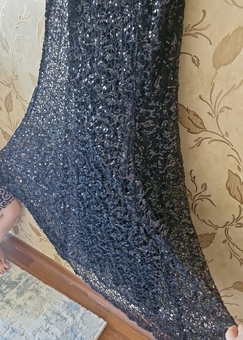 siyah pullu Uzun Kollu Drapeli Abiye Elbise - Görsel 7