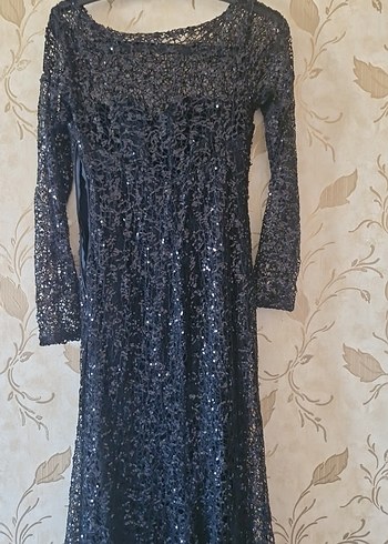 siyah pullu Uzun Kollu Drapeli Abiye Elbise - Görsel 8