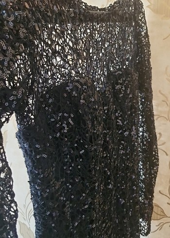 siyah pullu Uzun Kollu Drapeli Abiye Elbise - Görsel 10