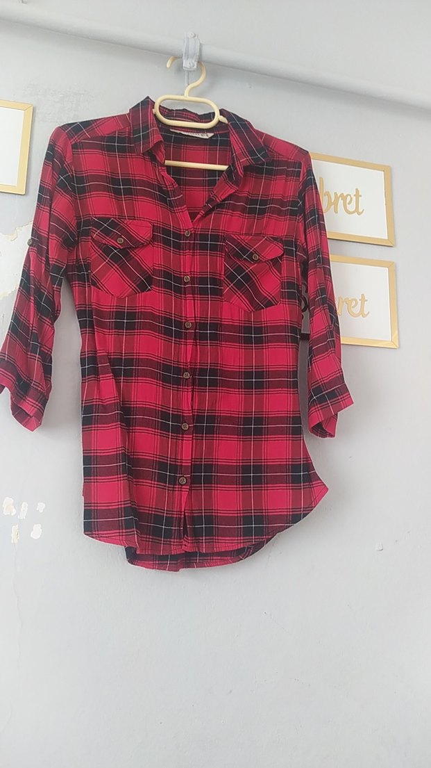 Kırmızı Kareli Uzun Kollu Kadın Gömlek - Görsel 2