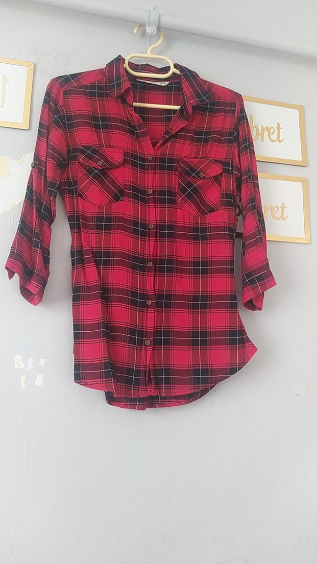 Kırmızı Kareli Uzun Kollu Kadın Gömlek - Görsel 3
