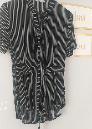 Düğmeli Siyah Çizgili V Yaka Kadın Gömlek - Görsel 2