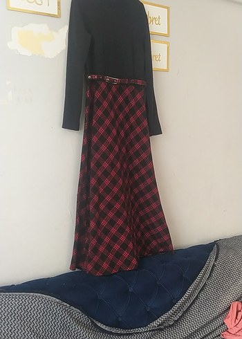 Bordo Ekoseli Uzun Kollu Kemerli Elbise - Görsel 2