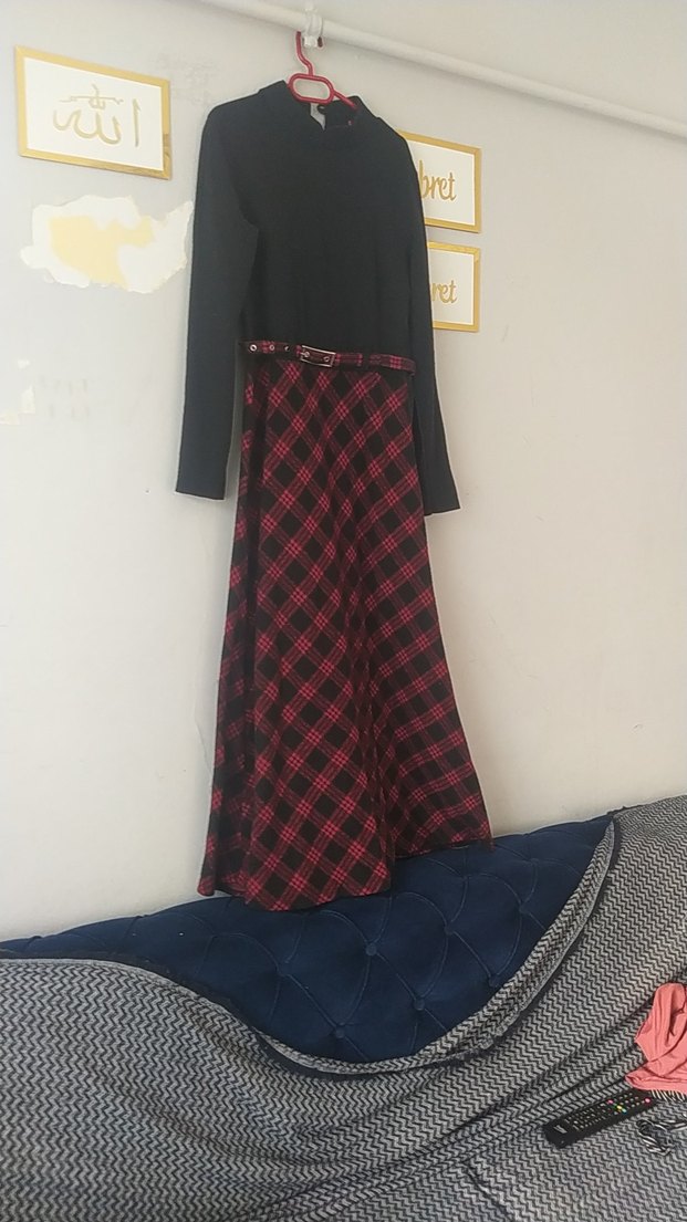 Bordo Ekoseli Uzun Kollu Kemerli Elbise - Görsel 2