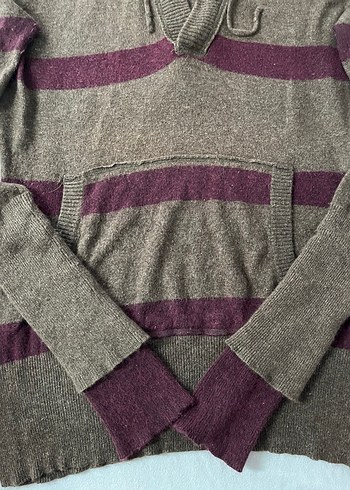 Not The Same Kapüşonlu V Yakalı Çizgili Kadın Kazak - Görsel 3