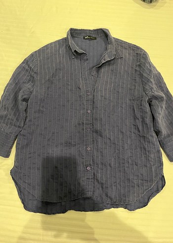 Düğmeli Lacivert Keten Kadın Gömlek - Görsel 2