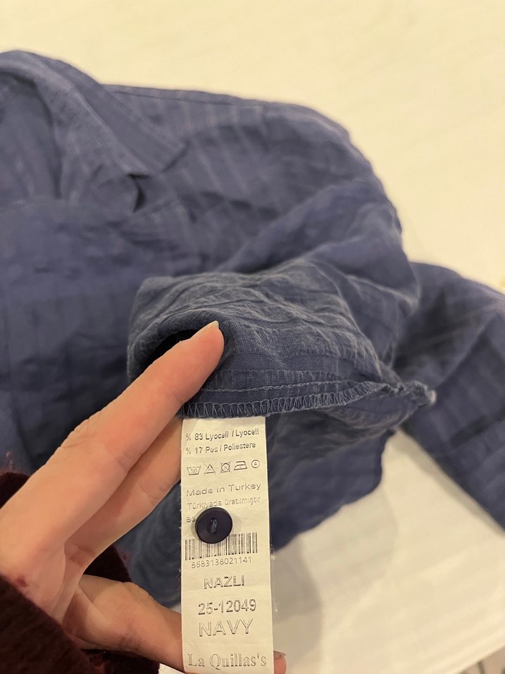 Düğmeli Lacivert Keten Kadın Gömlek - Görsel 4