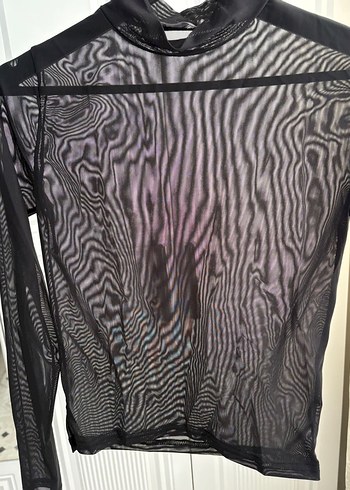 Siyah Transparan Yüksek Yakalı Uzun Kollu Bluz - Görsel 3