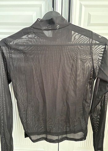 Siyah Transparan Yüksek Yakalı Uzun Kollu Bluz - Görsel 2