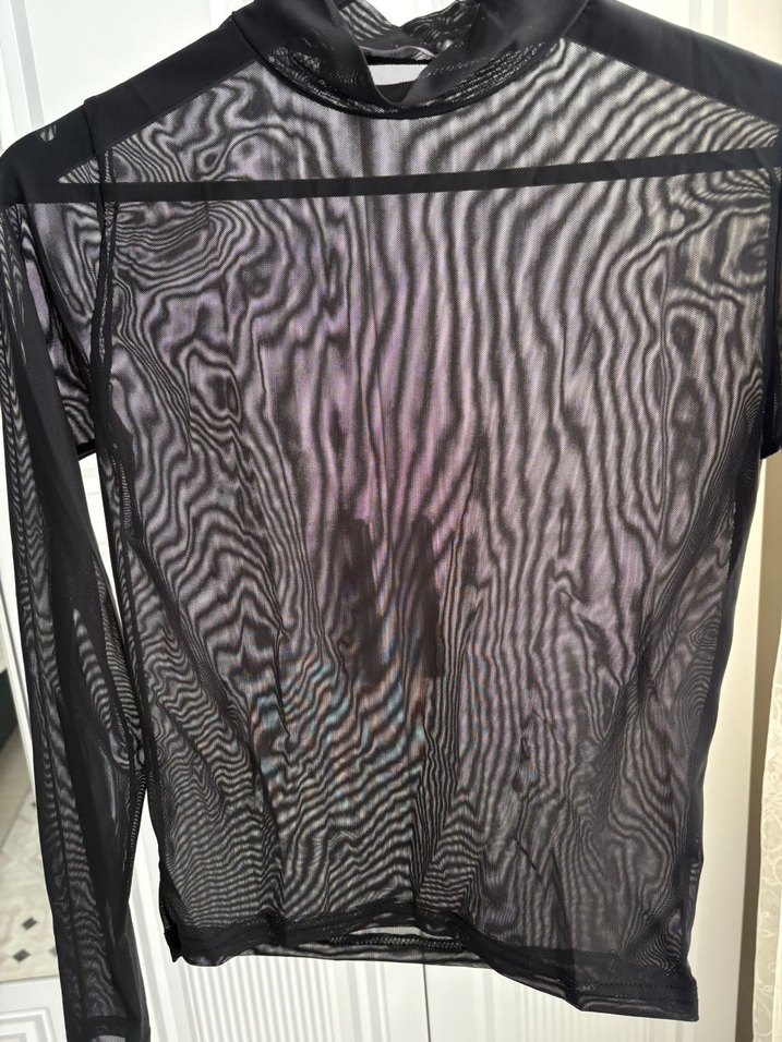 Siyah Transparan Yüksek Yakalı Uzun Kollu Bluz - Görsel 3