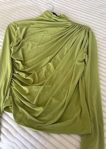 Haki Renkli Drapeli Yüksek Yakalı Kadın Bluz - Görsel 3