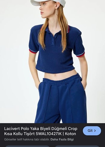 Lacivert Polo Yaka Biyeli Crop Tişört