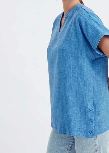 Zara Mavi V Yakalı Kısa Kollu Denim Gömlek Bluz
