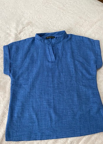 s Beden Mavi V Yakalı Kısa Kollu Denim Gömlek Bluz