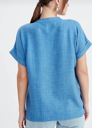 s Beden mavi Renk Mavi V Yakalı Kısa Kollu Denim Gömlek Bluz