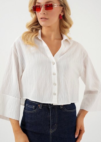 Zara V Yaka Düğmeli Beyaz Mini Gömlek