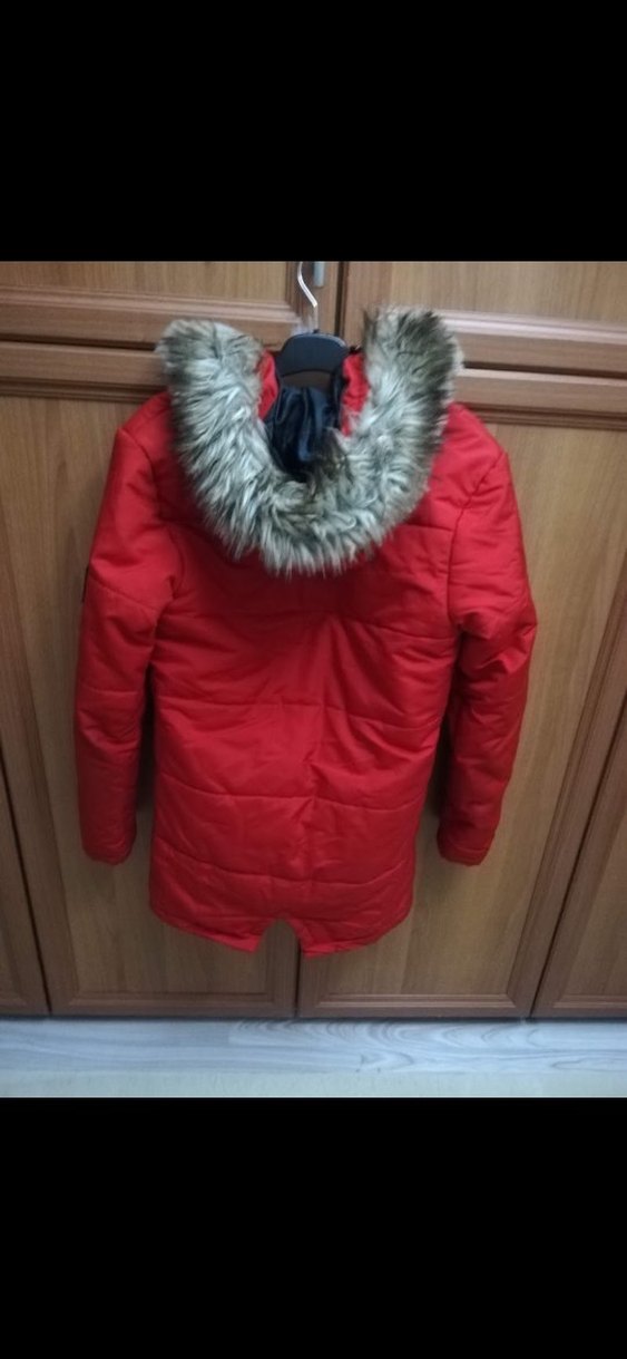 Kırmızı  Midi Kaban Fermuarlı Kapüşonlu erkek mont - Görsel 2