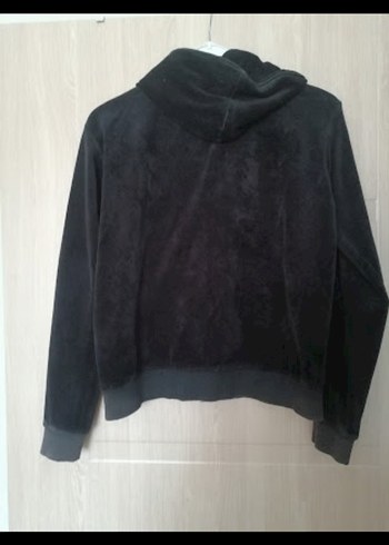 Kapüşonlu Siyah Kadın Fermuarlı kadife eşofman üstü t - Görsel 4