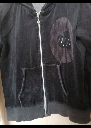 Kapüşonlu Siyah Kadın Fermuarlı kadife eşofman üstü t - Görsel 5