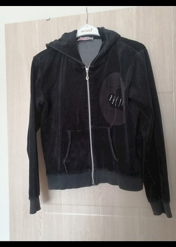 Kapüşonlu Siyah Kadın Fermuarlı kadife eşofman üstü t - Görsel 2