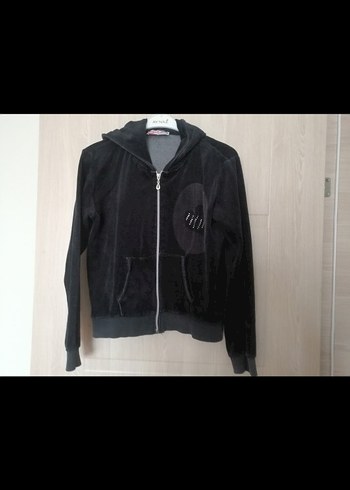 Kapüşonlu Siyah Kadın Fermuarlı kadife eşofman üstü t - Görsel 3