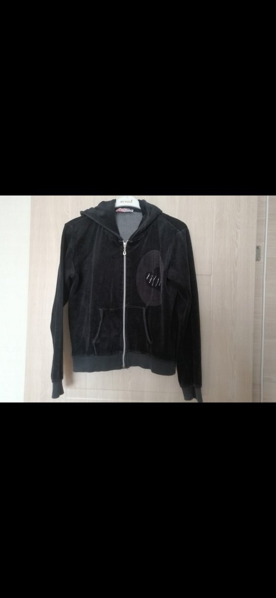 Kapüşonlu Siyah Kadın Fermuarlı kadife eşofman üstü t - Görsel 3