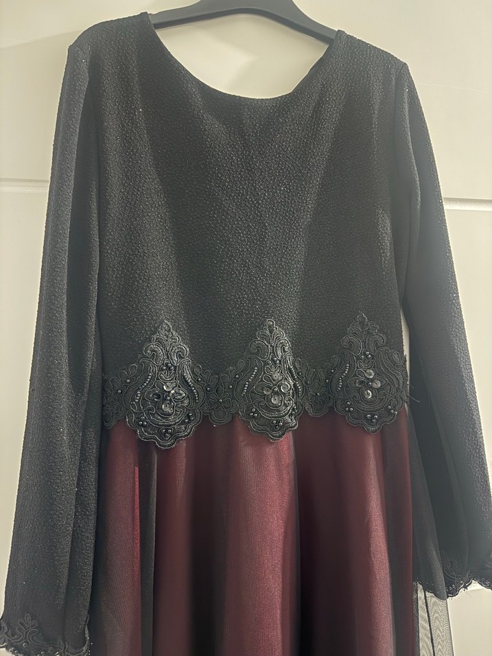 Bordo Drapeli Uzun Kollu Uzun Elbise - Görsel 3