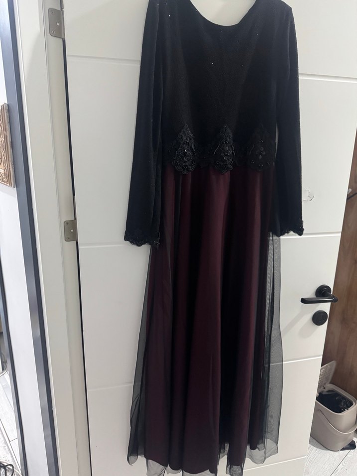 Bordo Drapeli Uzun Kollu Uzun Elbise - Görsel 2