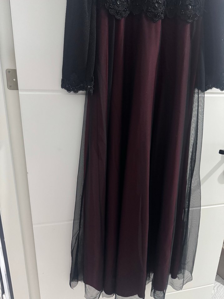 Bordo Drapeli Uzun Kollu Uzun Elbise - Görsel 5