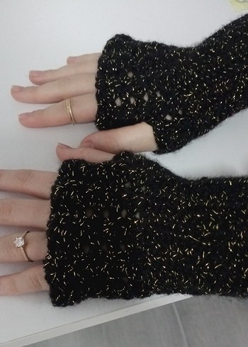 Siyah Parlak Örgü Kadın Eldiven - Görsel 4