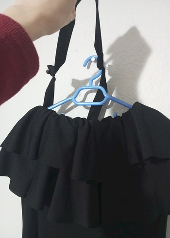 Siyah Midi Fırfırlı Tek Omuz Abiye Elbise - Görsel 2