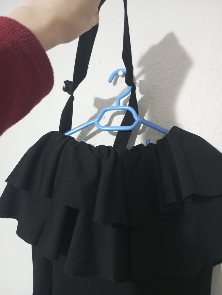 Siyah Midi Fırfırlı Tek Omuz Abiye Elbise - Görsel 2