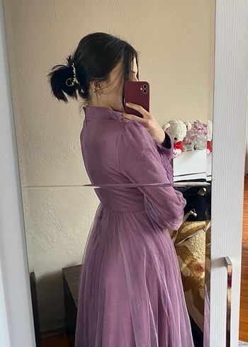 Uzun Kol, Yüksek Yaka Mor Elbise - Görsel 3