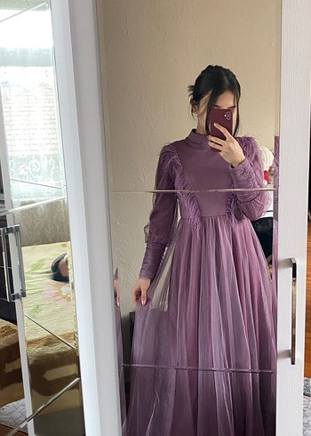 Uzun Kol, Yüksek Yaka Mor Elbise - Görsel 2