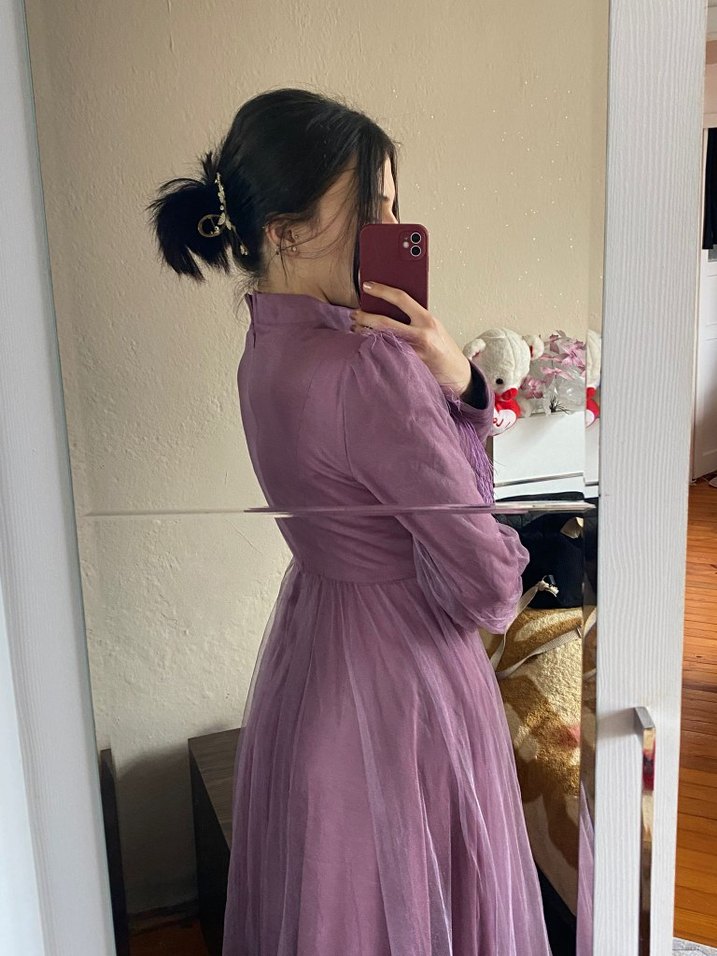 Uzun Kol, Yüksek Yaka Mor Elbise - Görsel 3