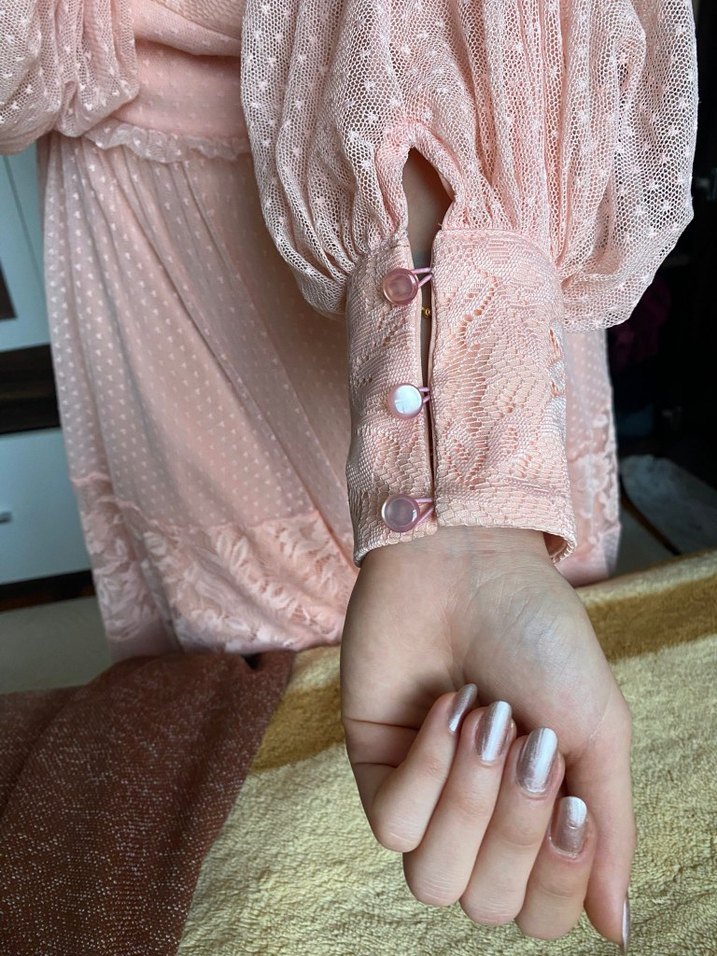 Pembe Transparan Uzun Kollu Kadın Elbise - Görsel 3