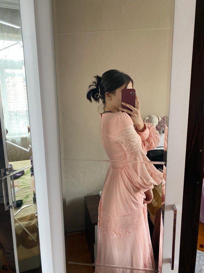 Pembe Transparan Uzun Kollu Kadın Elbise - Görsel 2