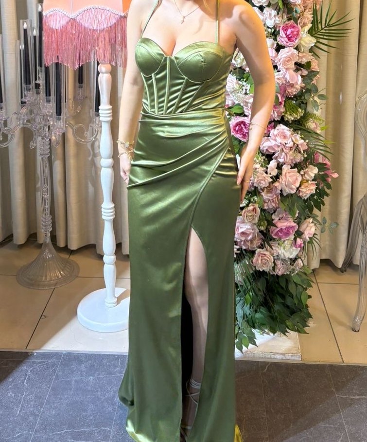 Yeşil Saten Askılı Abiye - Görsel 3