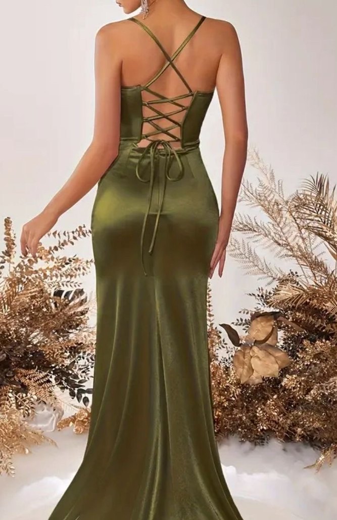 Yeşil Saten Askılı Abiye - Görsel 2