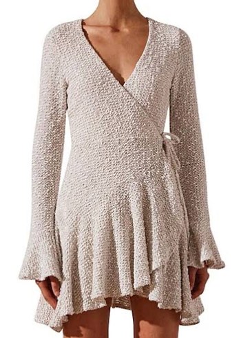 Uzun Kollu Beyaz Triko Mini Elbise - Görsel 2