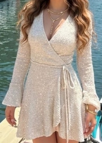 Uzun Kollu Beyaz Triko Mini Elbise - Görsel 7